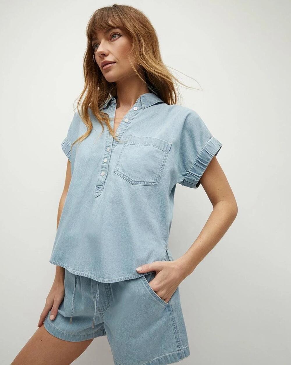 Veronica Beard Almera Chambray Button Down Top in Sky Blue size S small